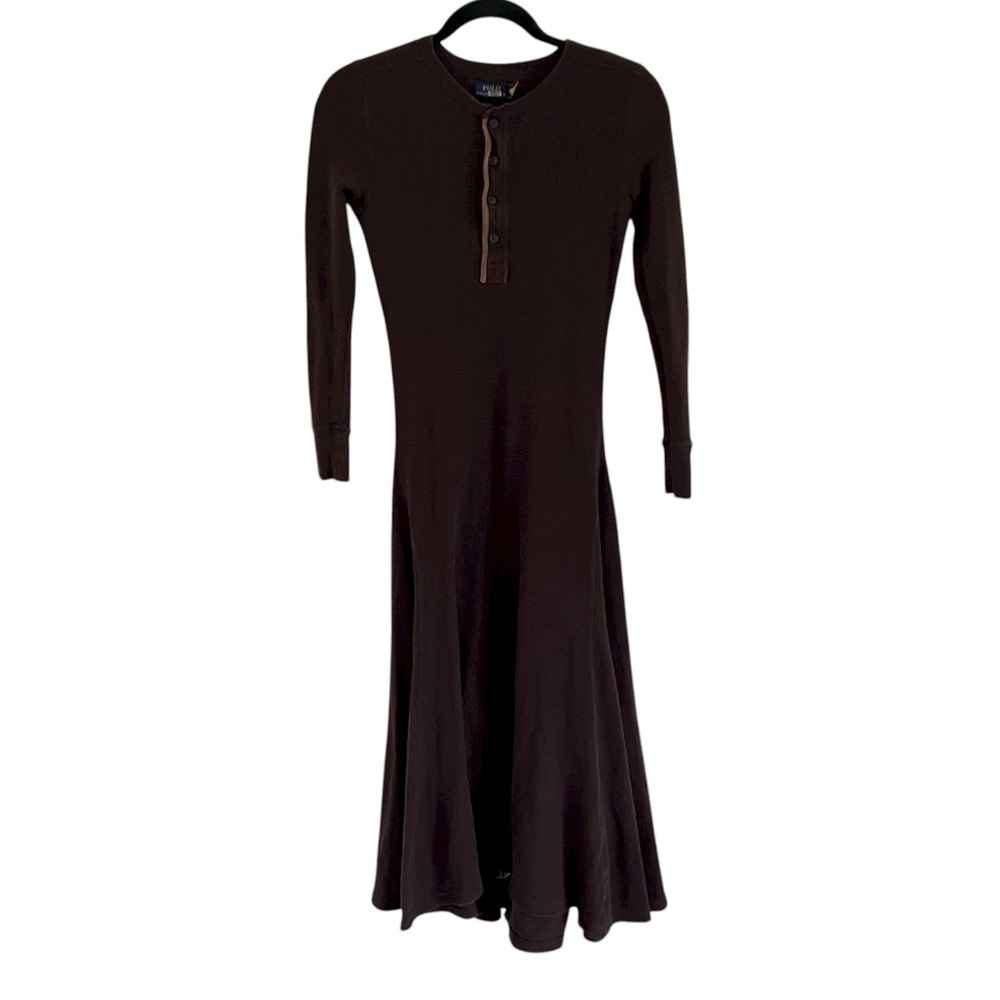 Polo Ralph Lauren Brown Leather Trim Henley Long Sleeve Waffle Knit Dress XS